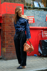 asymetric, black pants, black slippers, blue shirt, brown bag, fashion week, frenchystyle, full length, fur shoes, FW, gucci, jonathan paciullo, leather bag, leather shoes, LFW, loewe, LONDON, one shoulder, SPRING SUMMER 2017, SS 17, street style, trousers, vertical, woman