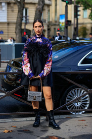 erika boldrin, black dress, satin dress, feather dress, strapless dress, mini dress, black leather boots, flat boots, laced boots, grey leather bag, pleated bag, silvered chain necklace, silvered earrings, hoop earrings, blue blouse, light pink blouse, cachemere printed blouse, floral printed blouse, high collar blouse, miu miu bag, miu miu blouse, miu miu dress, miu miu look, PARIS, PFW, SPRING SUMMER 2020, SS 20, fashion week, frenchystyle, FW, jonathan paciullo, street style, vertical, full length