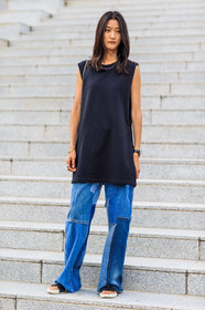 black and white shoes, black tank top, blue denim, denim pants, fashion week, frenchystyle, full length, FW, jeans, jonathan paciullo, MENSWEAR, PARIS, patchwork, PFW, SPRING SUMMER 2017, SS 17, street style, trousers, vertical