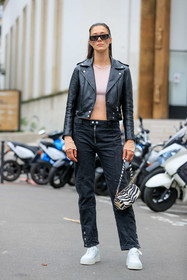 black leather jacket, black leather perfecto, black jeans, black leather bag, white leather bag, bicolor bag, zebra printed bag, round shape bag, mini bag, hand bag, patchwork jeans, denim, nude top, square shape glasses, black sunglasses, zipped jeans, white leather sneakers, maeva marshall, fashion week, frenchystyle, FW, jonathan paciullo, street style, PFW, PARIS, SPRING SUMMER 2022, SS 22, vertical, full length, model