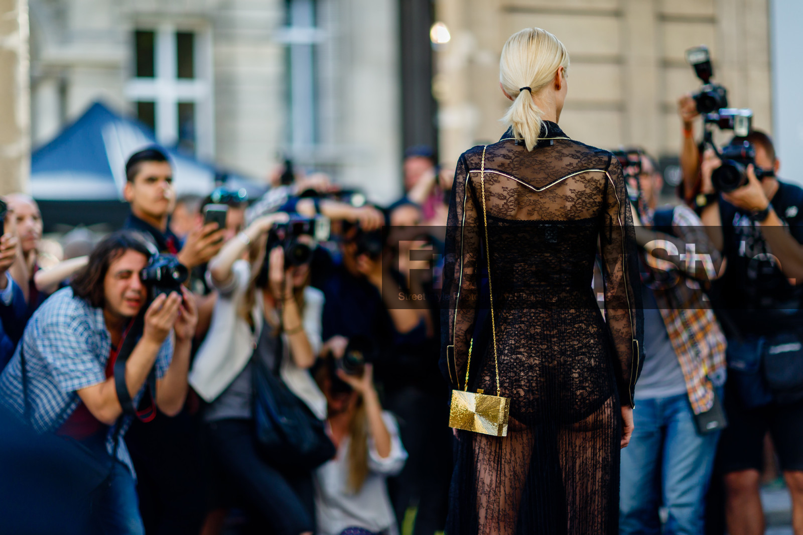 atmosphere details, AUTUMN WINTER 2016-2017, AW 16-17, aymeline valade, black dress, detail, FALL WINTER 2016-2017, fashion week, frenchystyle, FW, FW 16-17, gold bag, golden bag, HAUTE COUTURE, horizontal, jonathan paciullo, lace dress, MENSWEAR, PARIS, PFW, pleats, see through, shiny bag, street style, valentino
