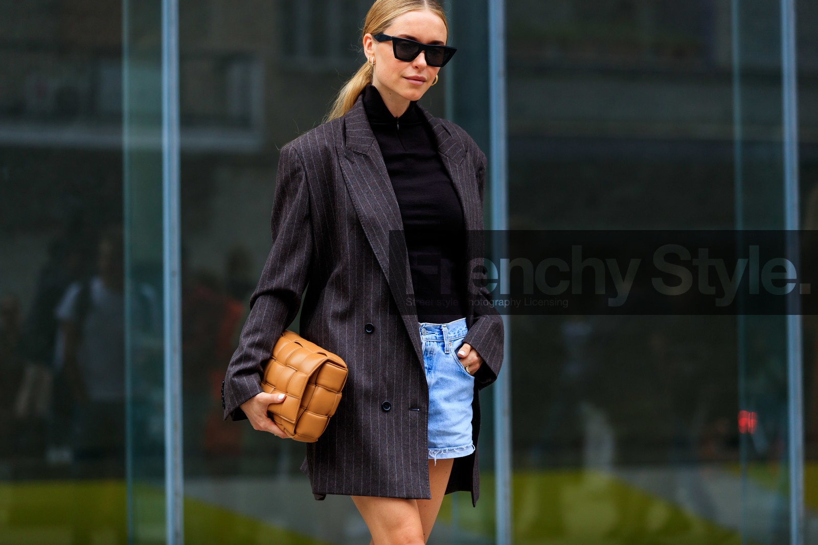 pernille teisbaek, celine sunglasses, black sunglasses, futurist shape sunglasses, black top, turtleneck top, zipped top, denim shorts, mini shorts, light blue denim shorts, striped jacket, dark grey jacket, oversize jacket, plaited bag, camel leather bag, bottega veneta bag, fashion week, frenchystyle, FW, jonathan paciullo, street style, MFW, MILAN, SPRING SUMMER 2020, SS 20