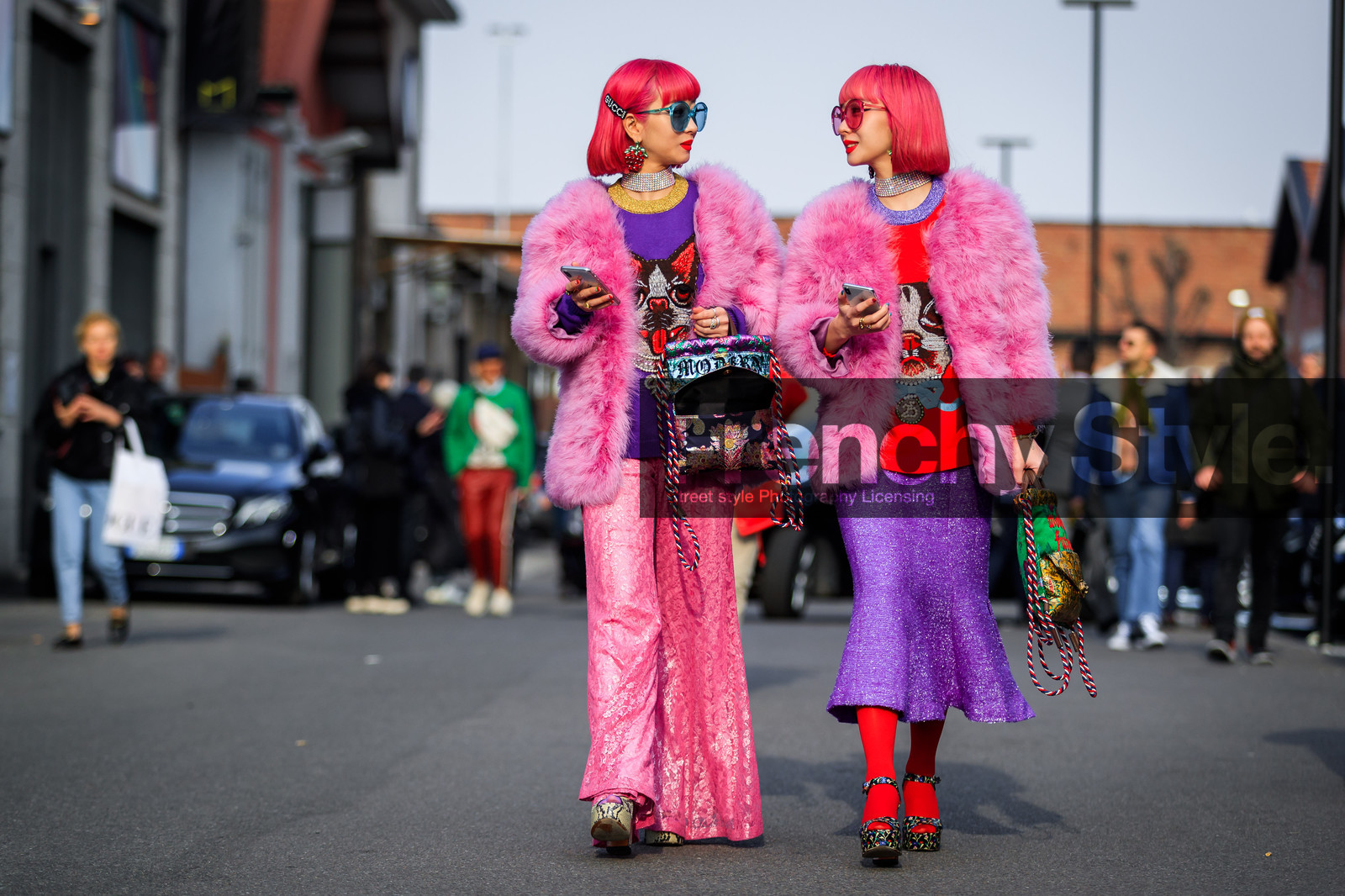 animal print, chinese print, choker, dyed hair, floral, flowers, fur jacket, fuschia, glitter, graphic bag, gucci, high heels, japanese print, leather bag, leather shoes, multicolor bag, necklace, pink fur, pink hair, pink jacket, pink pants, printed bag, printed shoes, purple skirt, purple sweater, red lips, red sweater, rings, sequined pants, sequined skirt, shiny pants, shiny skirt, sunglasses, tights, fashion week, frenchystyle, FW, jonathan paciullo, street style, MFW, MILAN, AUTUMN WINTER 2018-2019, FALL WINTER 2018-2019, FW 18-19, horizontal, atmosphere details, full length, Ami and Aya Suzuki