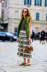 brown bag, brown knit, fashion week, frenchystyle, full length, fur jacket, FW, green fur, green jacket, gucci, jonathan paciullo, leather bag, long skirt, MFW, micol sabbadini, MILAN, mules, printed shoes, printed skirt, sleeveless, SPRING SUMMER 2017, SS 17, street style, sunglasses, vertical