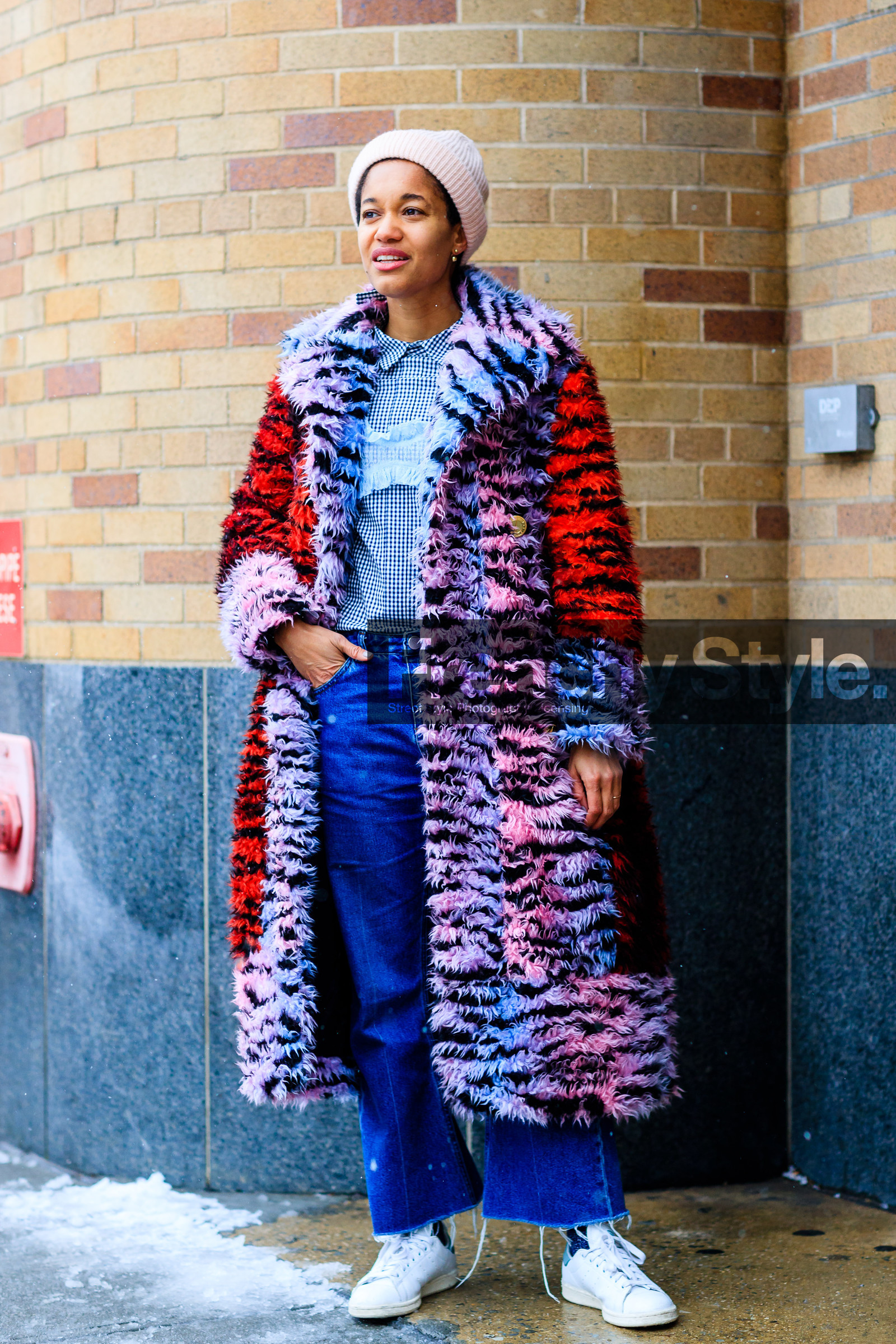 adidas, AUTUMN WINTER 2017-2018, AW 17-18, blue denim, blue shirt, checked shirt, denim pants, FALL WINTER 2017-2018, fashion week, frenchystyle, full length, Fur coat, FW, FW 17-18, jeans, jonathan paciullo, leather sneakers, long coat, NEW YORK, NYFW, pink beanie, pink fur, plaid, printed coat, printed shirt, red fur, stan smith, street style, tamu mcpherson, trousers, vertical, white sneakers, zebra