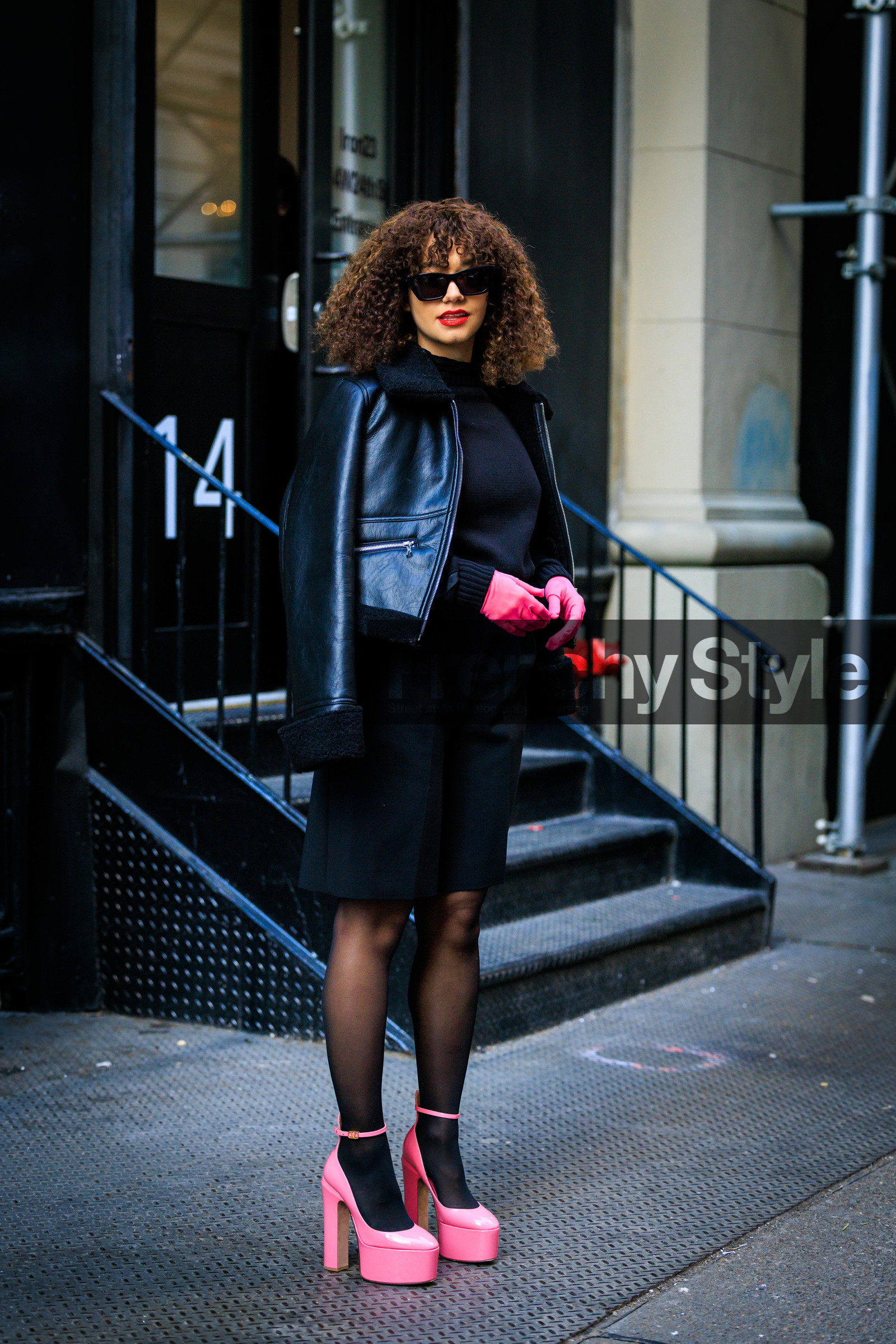 pink gloves, pink platform heels, silk pumps, black full look, black biker jacket, leather biker jacket, mini black dress, black sunglasses, Lena Mahfouf, fashion week, frenchystyle, FW, jonathan paciullo, street style, NYFW, NEW YORK, AUTUMN WINTER 2022-2023, FALL WINTER 2022_2023, FW 22-23, vertical, full length