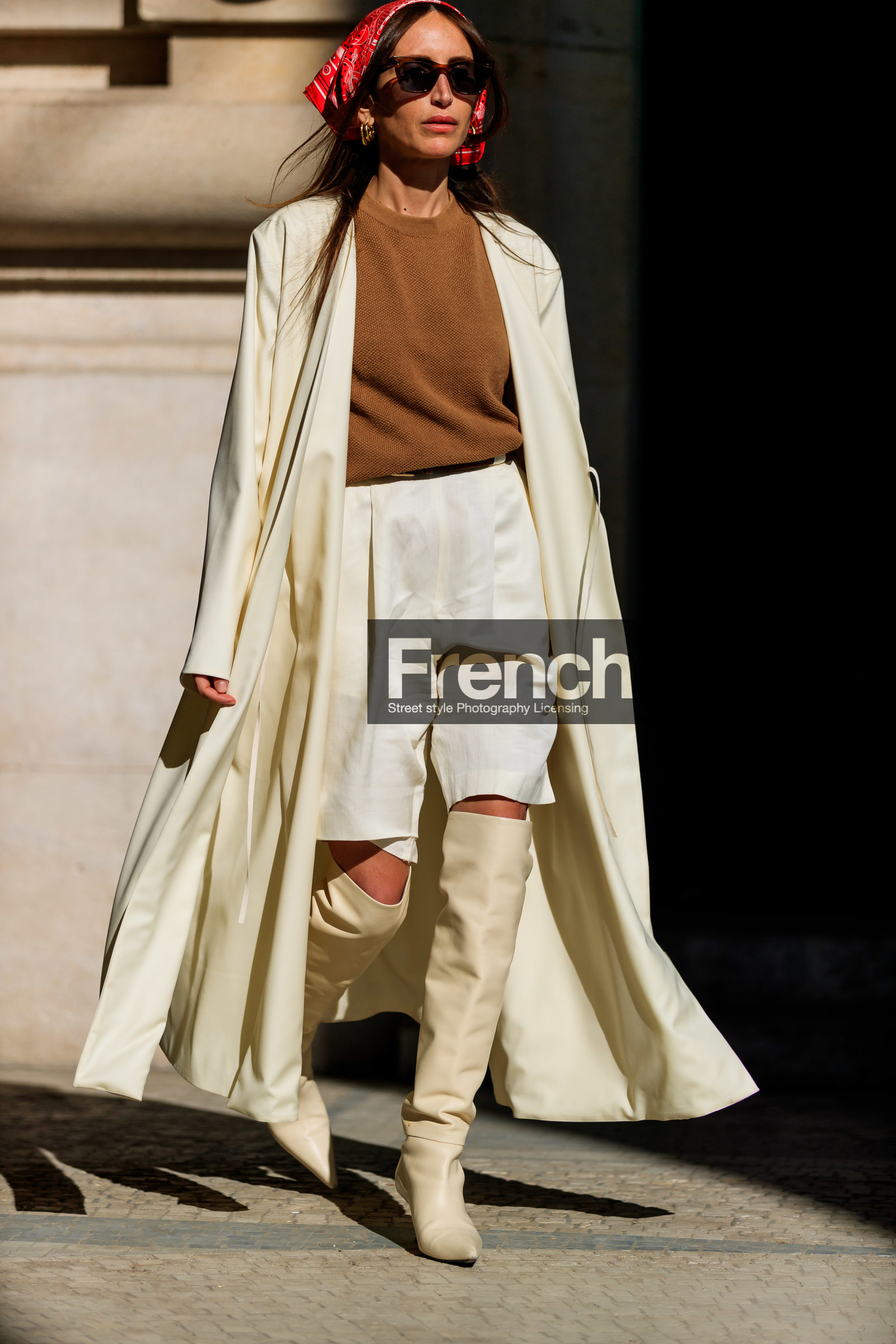 camel sweater, chloe loulou de saison, headscarf, high boots, high heels, leather shoes, red bandana, sunglasses, white coat, white shoes, white shorts, PARIS, PFW, street style, jonathan paciullo, FW, frenchystyle, fashion week, AUTUMN WINTER 2019-2020, AW 19-20, FALL WINTER 2019-2020, FW 19-20, vertical, full length