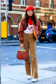 AUTUMN WINTER 2017-2018, AW 17-18, beret, bomber jacket, brown pants, FALL WINTER 2017-2018, fashion week, frenchystyle, full length, FW, FW 17-18, jonathan paciullo, leather bag, leather shoes, LFW, LONDON, red bag, red hat, red jacket, red sweater, street style, trousers, vertical, white boots