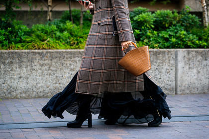 black shoes, black skirt, brown bag, brown coat, checked, graphic jacket, high heels, leather bag, leather shoes, plaid, printed jacket, tartan, fashion week, frenchystyle, FW, jonathan paciullo, street style, LFW, LONDON, SPRING SUMMER 2019, SS 19, atmosphere details, horizontal, detail