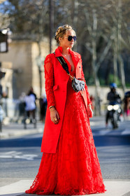 black bag, braids, graphic bag, leather bag, monogram, nina suess, printed bag, red coat, red dress, saddle bag, sunglasses, PARIS, PFW, street style, jonathan paciullo, FW, frenchystyle, fashion week, AUTUMN WINTER 2019-2020, AW 19-20, FALL WINTER 2019-2020, FW 19-20, vertical, full length