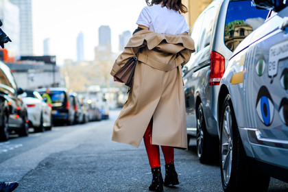 atmosphere details, AUTUMN WINTER 2017-2018, AW 17-18, back detail, beige coat, black shoes, detail, FALL WINTER 2017-2018, fashion week, frenchystyle, FW, FW 17-18, horizontal, jonathan paciullo, leather shoes, LFW, LONDON, off the shoulder, red pants, street style, white t shirt