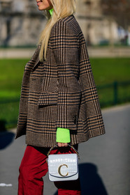 blazer, brown jacket, checked, chloé, graphic jacket, green sweater, houndstooth pattern, leather bag, neon, plaid, printed jacket, red pants, sunglasses, thora valdimars, trousers, white bag, PARIS, PFW, street style, jonathan paciullo, FW, frenchystyle, fashion week, AUTUMN WINTER 2019-2020, AW 19-20, FALL WINTER 2019-2020, FW 19-20, vertical, atmosphere details, detail