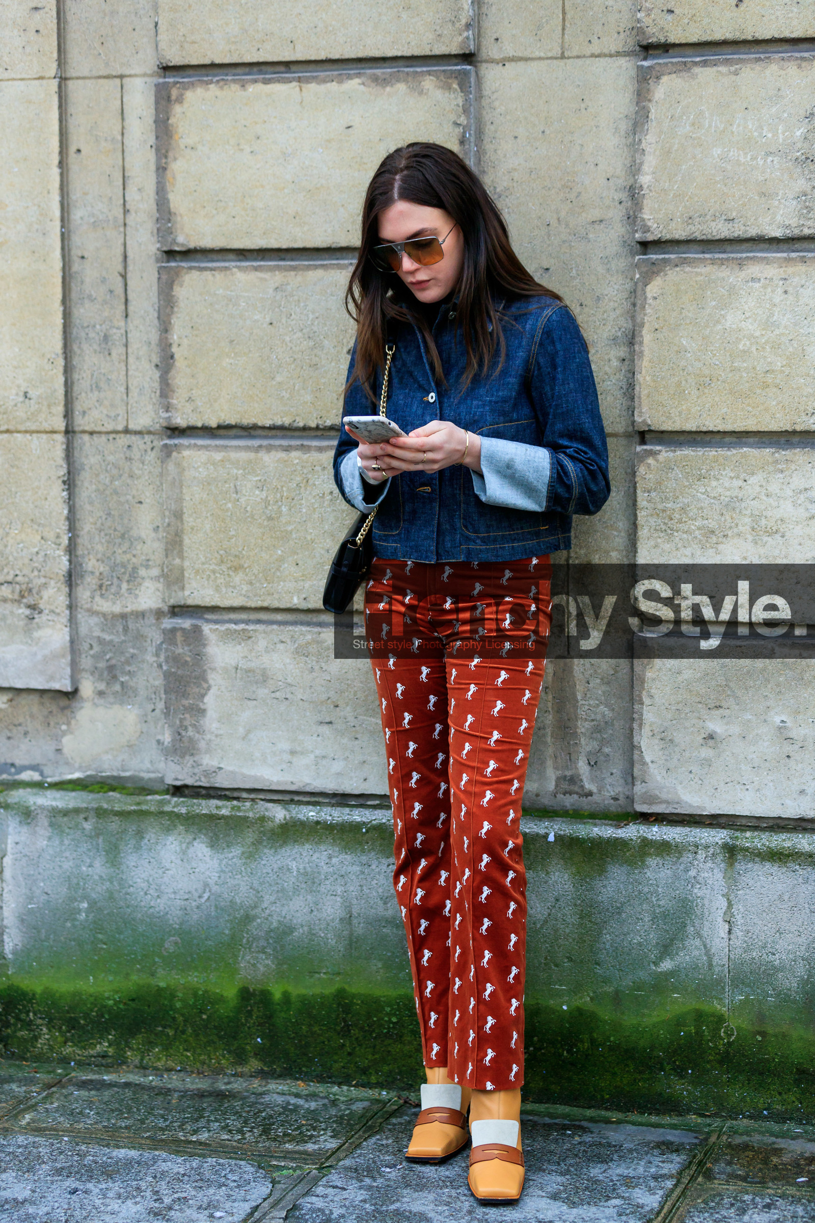 madelynn furlong, denim, denim jacket, velvet pants, animal printed pants, red pants, burgundy pants, chloe pants, camel leather pants, metalic frame sunglasses, aviator sunglasses, square shape glasses, squared toed shoes, fashion week, frenchystyle, FW, jonathan paciullo, street style, PFW, PARIS, vertical, full length