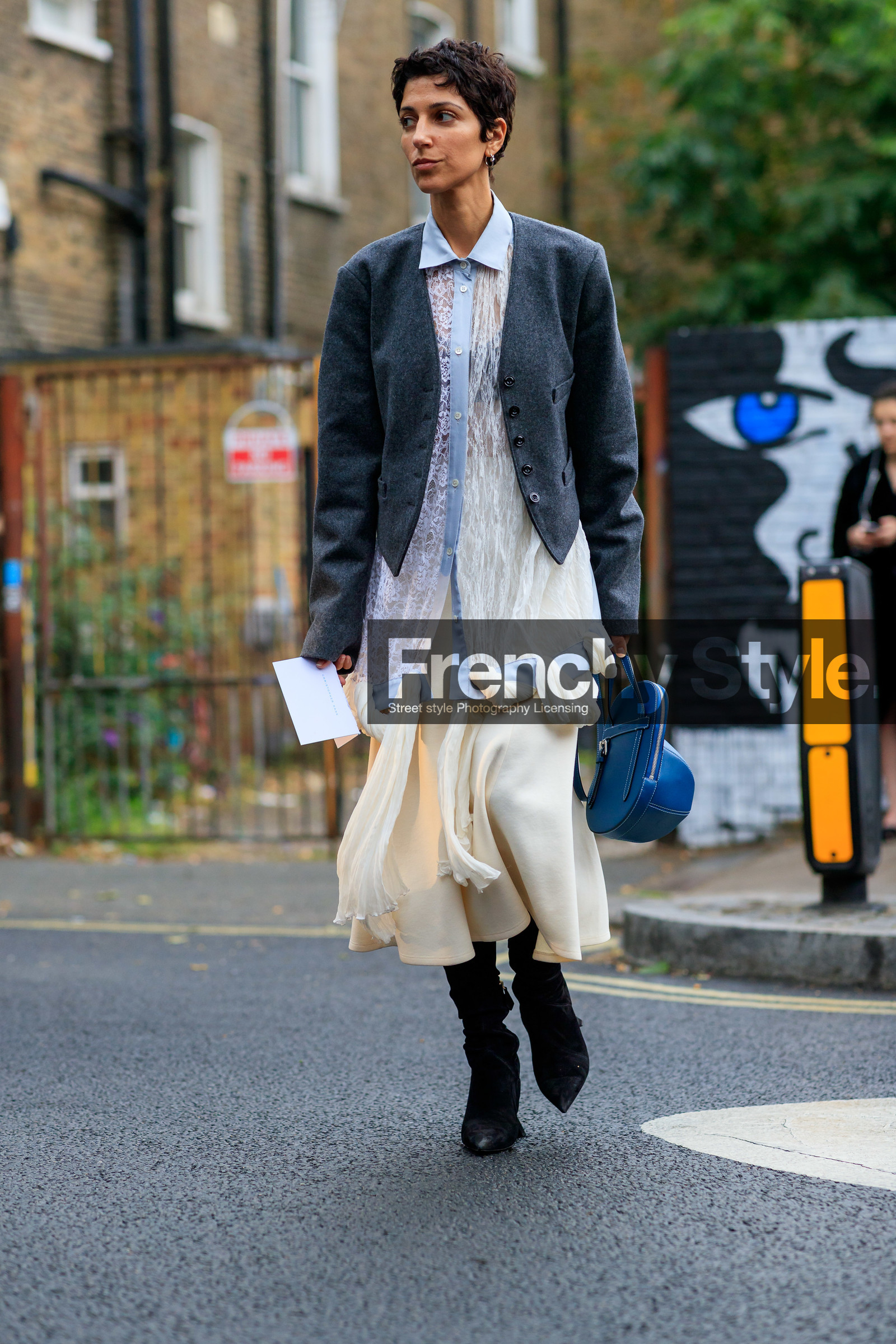 yasmin sewell, black boots, black suede boots, blue leather bag, cropped jacket, dark grey jacket, drape shirt, geometrical heel, j w anderson bag, knot details, lace shirt, light blue shirt, long shirt, mid long skirt, sheer shirt, silk skirt, white skirt, fashion week, frenchystyle, FW, jonathan paciullo, street style, vertical, full length