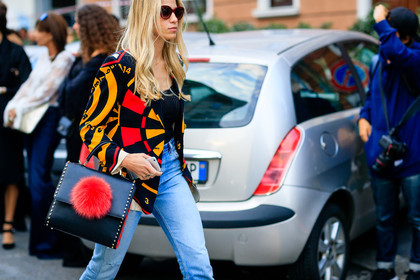 atmosphere details, blue denim, denim pants, detail, fashion week, frenchystyle, fur bag, FW, graphic jacket, horizontal, jeans, jonathan paciullo, leather bag, MFW, MILAN, printed jacket, red, red fur, SPRING SUMMER 2017, SS 17, street style, sunglasses, trousers, yellow