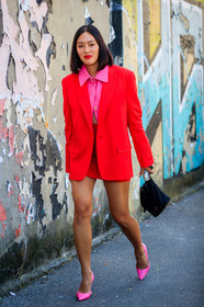 red jacket, red skirt, pink shirt, pink leather pumps, black bag, bucket bag, prada bag, mini skirt, Tiffany Hsu, street style, jonathan paciullo, FW, frenchystyle, fashion week, MFW, MILAN, SPRING SUMMER 2021, SS 21, vertical, full length