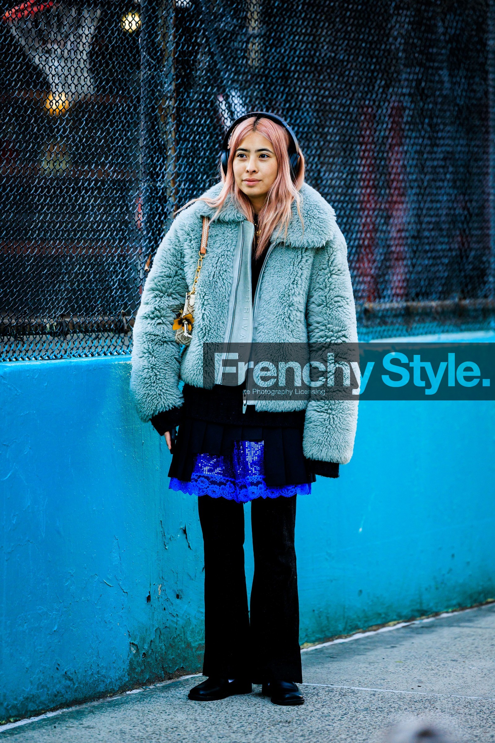 black pants, furry coat, blue coat, pink hair, dyed hair, fluffy coat, black derbies, leather derbies, black dress, lace skirt, blue lace details, pleated mini skirt, black jumper, the arrivals coat, fashion week, frenchystyle, FW, jonathan paciullo, street style, NYFW, NEW YORK, AUTUMN WINTER 2022-2023, FALL WINTER 2022_2023, FW 22-23, vertical, full length