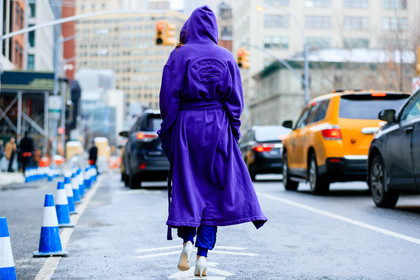atmosphere details, AUTUMN WINTER 2017-2018, AW 17-18, blue pants, erika boldrin, FALL WINTER 2017-2018, fashion week, frenchystyle, full length, FW, FW 17-18, high heels, hood, horizontal, jonathan paciullo, lacoste, NEW YORK, NYFW, purple jacket, robe, street style, sweatpants, trousers, white shoes