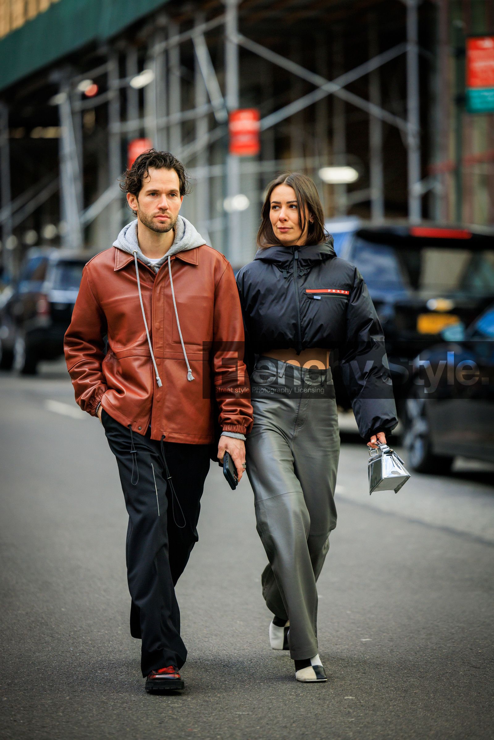 prada linea rosa black bomber jacket, grey leather wideleg pants, black and white boots, corail leather jacket, grey hoodie, flared black pants, red washed out derbies, transparent handbag, transparent acnestudios handbag, alice barbier, JS roques, fashion week, frenchystyle, FW, jonathan paciullo, street style, NYFW, NEW YORK, AUTUMN WINTER 2022-2023, FALL WINTER 2022_2023, FW 22-23, vertical, full length