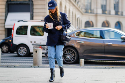 black bag, black boots, black shoes, blazer, blue denim, blue jacket, cap, denim pants, jeans, leather bag, leather shoes, navy jacket, patagonia, trousers, fashion week, frenchystyle, FW, jonathan paciullo, street style, PFW, PARIS, SPRING SUMMER 2017, SS 17, HAUTE COUTURE, atmosphere details, full length, horizontal, mira duma, miroslava duma