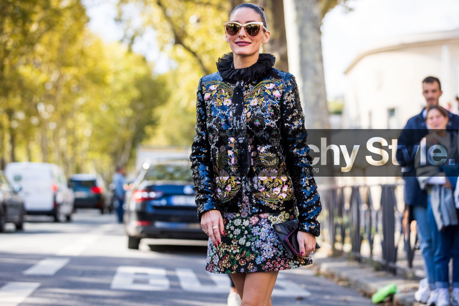 collar, color, floral jacket, floral print, floral dress, flowers, jacket, Olivia Palermo, print, ruffles, sequins, dress, statement collar, sunglasses, fashion week, frenchystyle, FW, jonathan paciullo, street style, PFW, PARIS, SPRING SUMMER 2022, SS 22, atmosphere details, horizontal