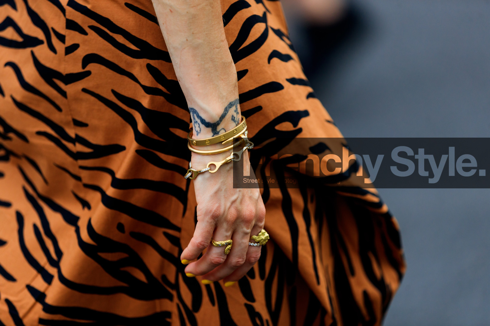 animal print, bracelet, cartier, golden jewelry, graphic dress, printed dress, rings, zebra, fashion week, frenchystyle, FW, jonathan paciullo, street style, PFW, PARIS, atmosphere details, horizontal, detail, AUTUMN WINTER 2018-2019, FALL WINTER 2018-2019, FW 18-19