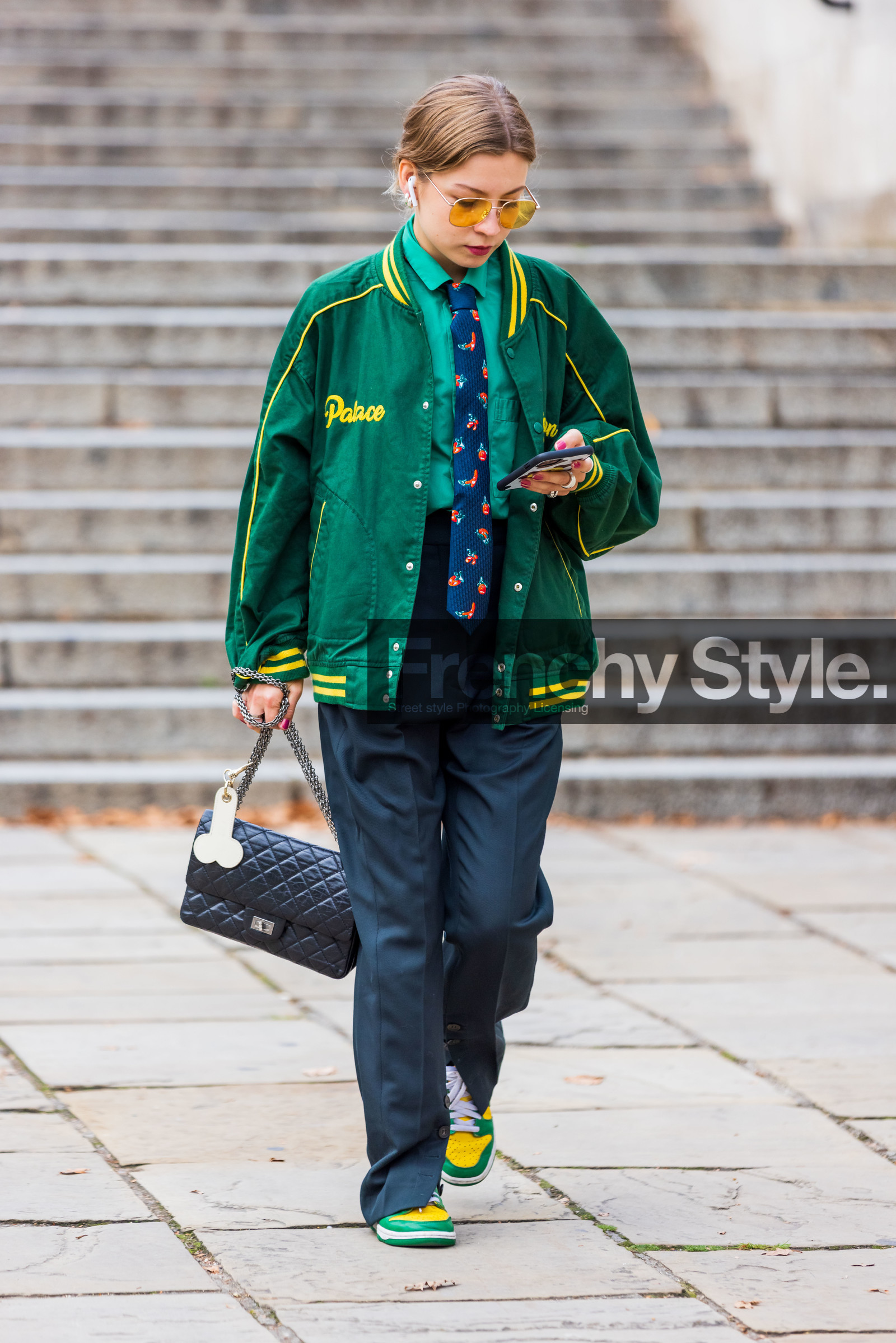 black, chanel, chanel bag, bomber jacket, jacket, green, tie, trousers, flared pants, print, sunglasses, fashion week, frenchystyle, FW, jonathan paciullo, street style, SS 22, SPRING SUMMER 2022, LFW, LONDON, vertical, full length