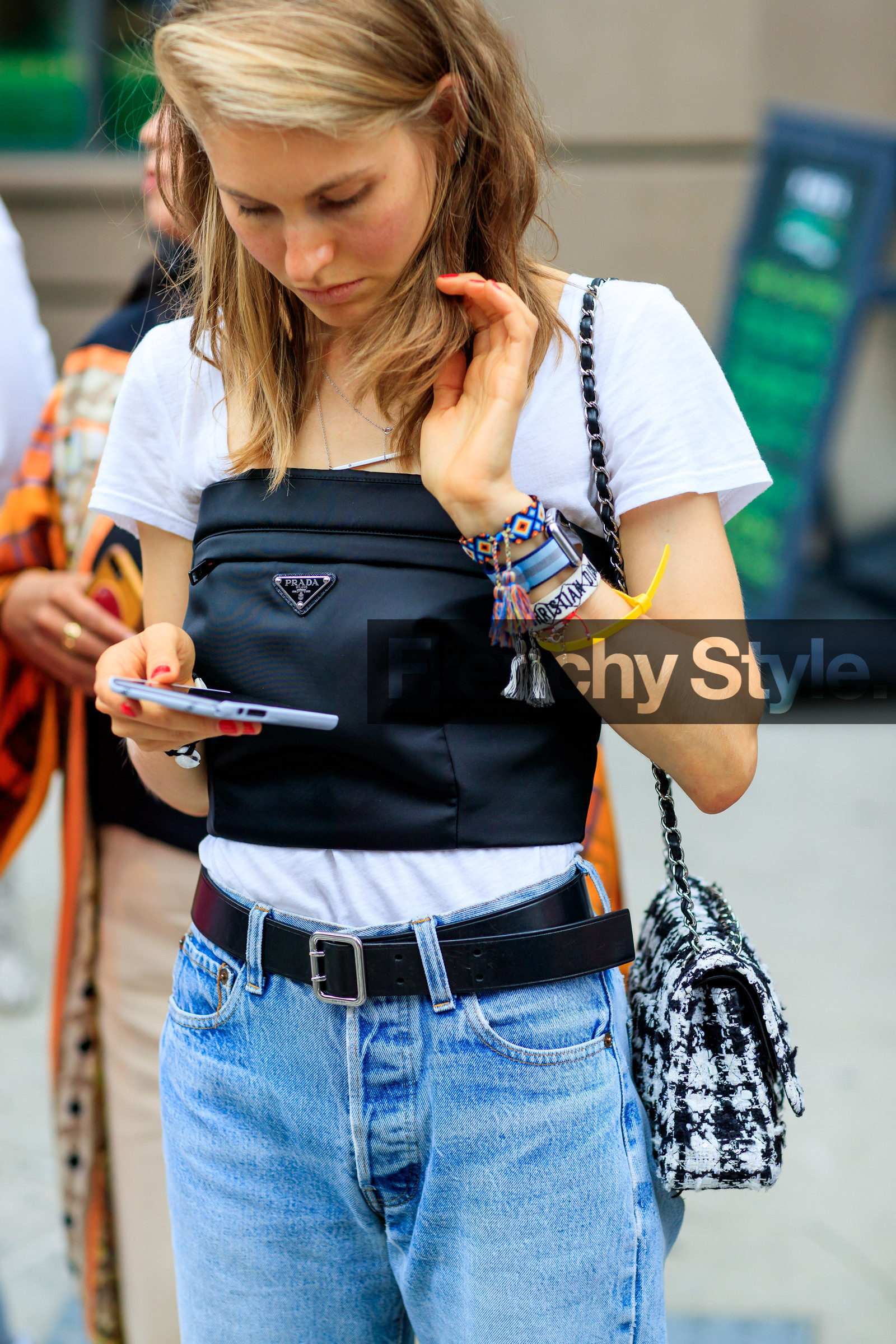 black and white bag, black belt, black top, blue denim, bracelet, bustier top, chanel, denim pants, graphic bag, jeans, leather bag, leather belt, prada, printed bag, trousers, tweed bag, white t shirt, fashion week, frenchystyle, FW, jonathan paciullo, street style, NYFW, NEW YORK, SPRING SUMMER 2019, SS 19, vertical, detail, atmosphere details