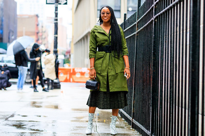 black bag, black belt, braids, graphic shoes, green coat, green skirt, high heels, leather bag, leather belt, leather shoes, pleated skirt, printed shoes, shiona turini, sunglasses, white boots, street style, jonathan paciullo, FW, frenchystyle, fashion week, NYFW, NEW YORK, SPRING SUMMER 2019, SS 19, atmosphere details, horizontal, full length