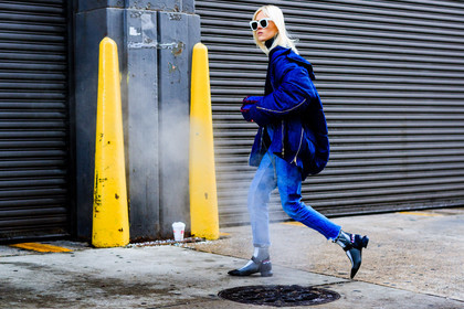 atmosphere details, AUTUMN WINTER 2017-2018, AW 17-18, black sweater, blue bag, blue denim, blue jacket, chanel handbag, denim pants, down jacket, FALL WINTER 2017-2018, fashion week, frenchystyle, full length, FW, FW 17-18, graphic shoes, horizontal, jeans, jonathan paciullo, leather bag, leather shoes, linda tol, louis vuitton, NEW YORK, NYFW, street style, sunglasses, trousers