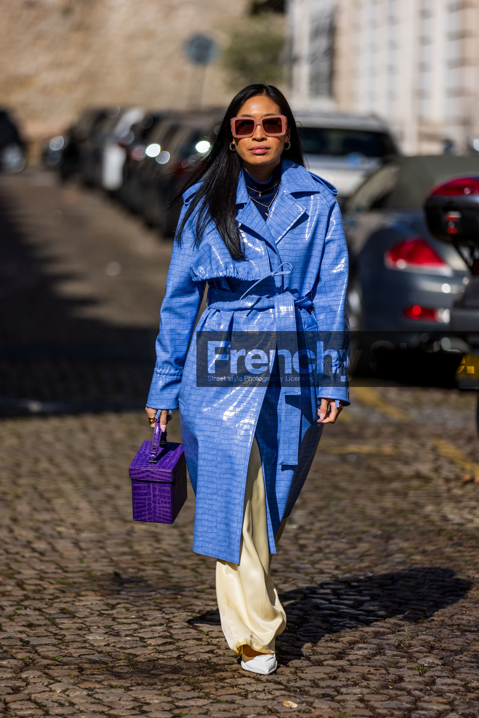 bag, belted coat, blue coat, coat, color, croco bag, croco coat, leather coat, oversize sunglasses, pants, pink sunglasses, purple bag, sunglasses, white heels, yellow pants, street style, jonathan paciullo, FW, frenchystyle, fashion week, PFW, PARIS, SPRING SUMMER 2022, SS 22, vertical, full length