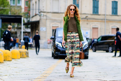 atmosphere details, brown bag, brown knit, fashion week, frenchystyle, full length, fur jacket, FW, green fur, green jacket, gucci, horizontal, jonathan paciullo, leather bag, long skirt, MFW, micol sabbadini, MILAN, mules, printed shoes, printed skirt, sleeveless, SPRING SUMMER 2017, SS 17, street style, sunglasses