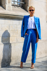 black shoes, blazer, blue jacket, blue pants, blue suit, high heels, leather shoes, necklace, over the shoulder, sunglasses, trousers, white t shirt, PFW, fashion week, frenchystyle, FW, jonathan paciullo, street style, PARIS, vertical, full length, AUTUMN WINTER 2018-2019, FALL WINTER 2018-2019, FW 18-19, vanessa hong