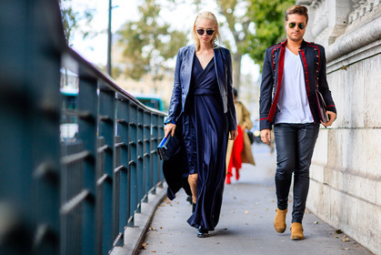atmosphere details, black jacket, black pants, blue dress, brown boots, fashion week, frenchystyle, full length, FW, horizontal, jonathan paciullo, leather bag, leather jacket, leather pants, leather shoes, long dress, model, PARIS, PFW, silk dress, SPRING SUMMER 2017, SS 17, street style, suede shoes, sunglasses, Tanya Dziahileva, tone on tone, total look blue, trousers, white t shirt