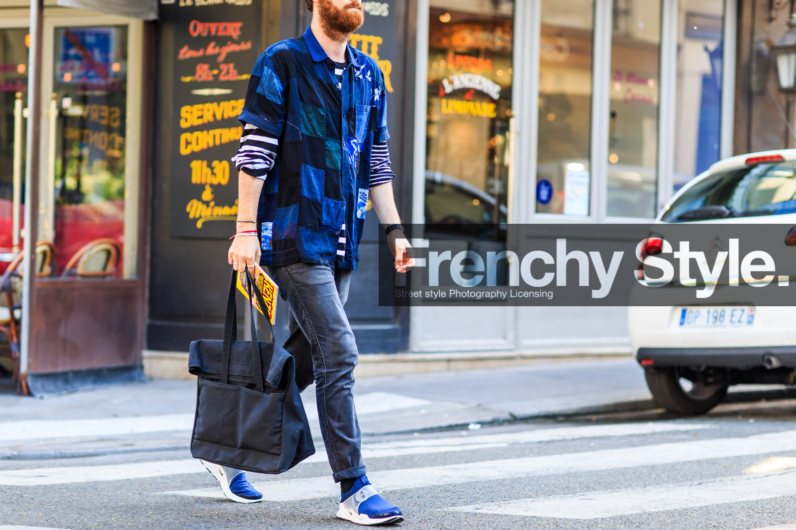 atmosphere details, black bag, black denim, blue shirt, blue sneakers, denim pants, fashion week, frenchystyle, FW, graphic top, horizontal, jeans, jonathan paciullo, MENSWEAR, PARIS, patchwork, PFW, plaid, SPRING SUMMER 2017, SS 17, street style, striped top, trousers