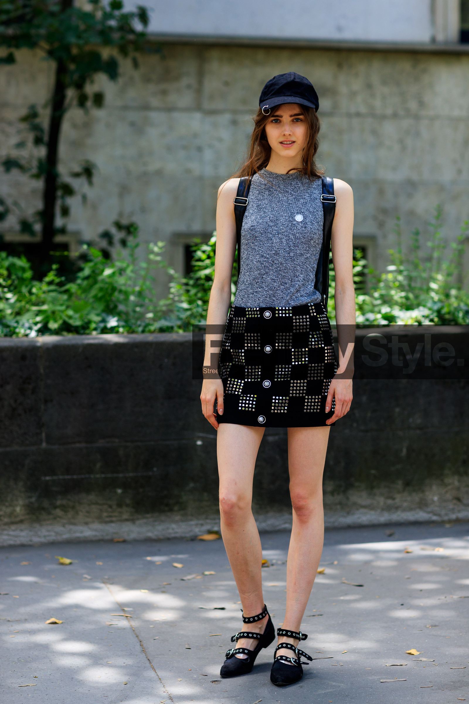 backpack, black cap, black shoes, black skirt, fashion week, frenchystyle, full length, FW, graphic skirt, grey top, jonathan paciullo, leather bag, leather shoes, leather skirt, MENSWEAR, model, PARIS, PFW, SPRING SUMMER 2018, SS 18, street style, studs, vertical
