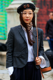 gucci hat, black hat, white shirt, dark grey jacket, nude scarf, vetements scarf, letter printed scarf, sheer glasses, monogrammed bag, celine bag, brown leather bag, bucket bag, thom browne shirt, fashion week, frenchystyle, FW, jonathan paciullo, street style, PFW, PARIS, SPRING SUMMER 2020, SS 20, horizontal, atmosphere details, detail