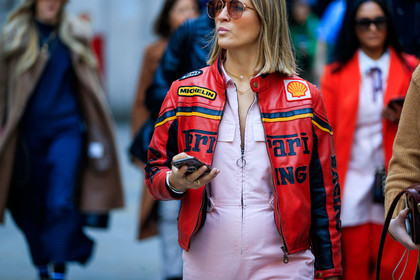 graphic jacket, leather jacket, pink jumpsuit, printed jacket, red jacket, sunglasses, fashion week, frenchystyle, FW, jonathan paciullo, street style, LFW, LONDON, AUTUMN WINTER 2019-2020, AW 19-20, FW 19-20, FALL WINTER 2019-2020, horizontal, atmosphere details, detail