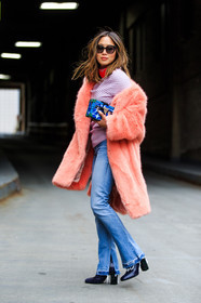 aimee song, AUTUMN WINTER 2016-2017, AW 16-17, black boots, blue denim, denim pants, fashion week, fishnet, frenchystyle, full length, fur coat, FW, FW 16-17, jeans, jonathan paciullo, leather boots, leather shoes, NEW YORK, NYFW, pink coat, red bandana, red scarf, street style, sunglasses, trousers, vertical, white sweater, woman