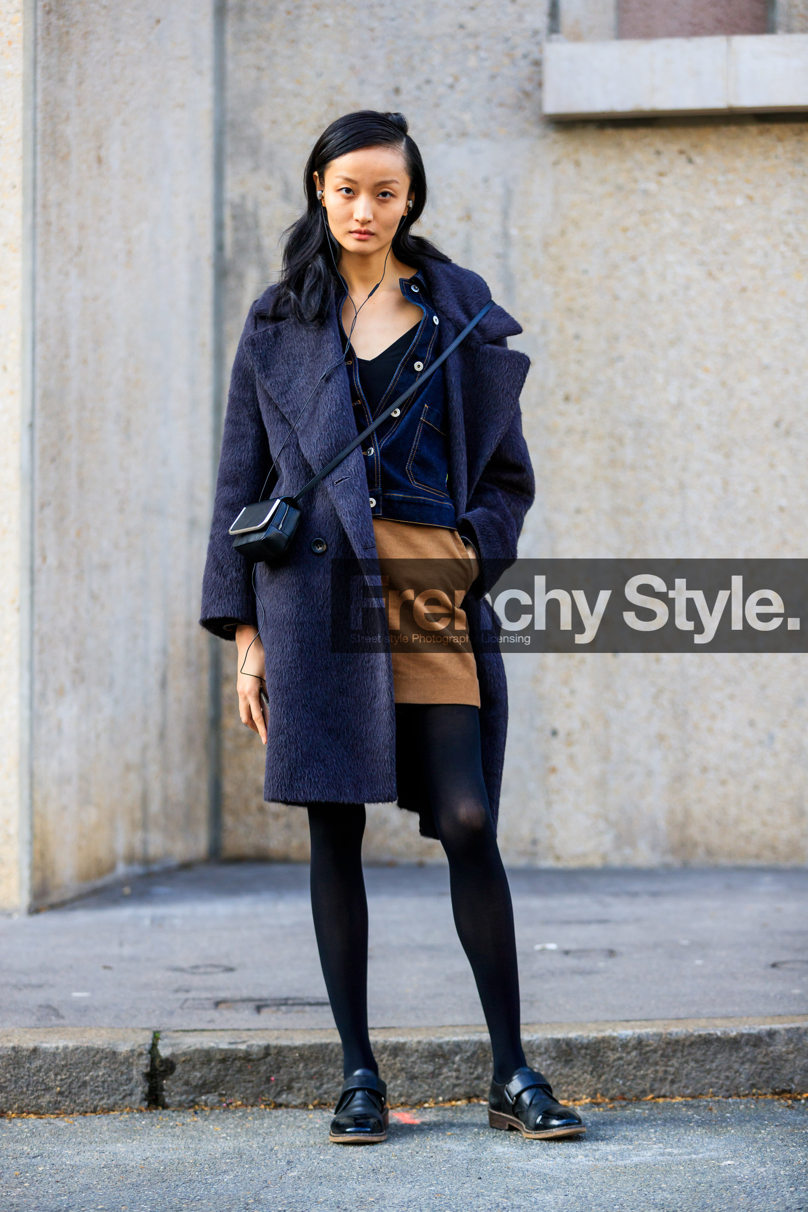 AUTUMN WINTER 2017-2018, AW 17-18, black bag, black coat, black loafers, black shoes, blue denim, brown skirt, denim jacket, FALL WINTER 2017-2018, fashion week, frenchystyle, full length, FW, FW 17-18, jonathan paciullo, leather bag, leather shoes, mini bag, model, PARIS, PFW, street style, vertical