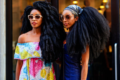 atmosphere details, blue denim, blue dress, bustier dress, Cipriana And Takenya Quann, denim dress, detail, fashion week, frenchystyle, FW, horizontal, jonathan paciullo, NEW YORK, NYFW, off the shoulder, printed dress, scarf, SPRING SUMMER 2017, SS 17, street style, sunglasses, tie & die, woman, zip