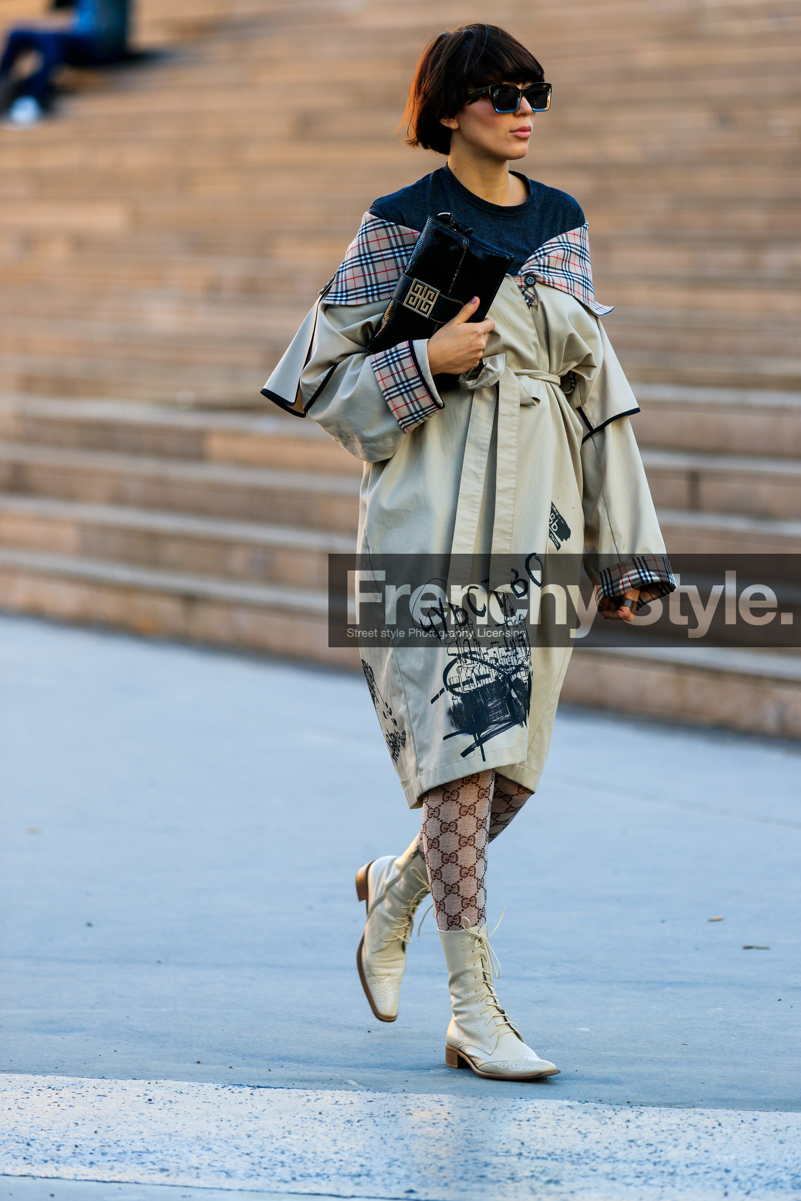 beige boots, beige coat, black bag, black t shirt, burberry, checked, givenchy, graphic jacket, gucci, leather bag, leather shoes, monogram, off the shoulder, plaid, printed jacket, sunglasses, tartan, tights, white shoes, PARIS, PFW, street style, jonathan paciullo, FW, frenchystyle, fashion week, AUTUMN WINTER 2019-2020, AW 19-20, FALL WINTER 2019-2020, FW 19-20, vertical, full length