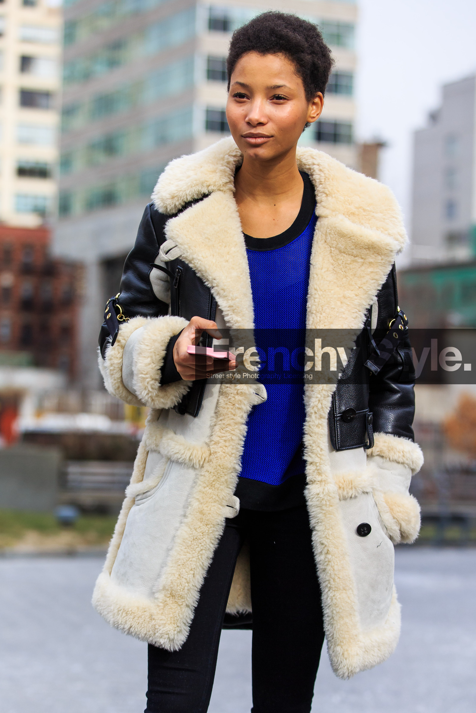 AUTUMN WINTER 2016-2017, AW 16-17, black coat, black pants, blue sweater, fashion week, frenchystyle, full length, FW, FW 16-17, jonathan paciullo, leather coat, lineisy montero, model, NEW YORK, NYFW, sheep fur, street style, vertical, white fur, woman