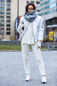 AUTUMN WINTER 2016-2017, AW 16-17, bomber jacket, fashion week, frenchystyle, full length, FW, FW 16-17, grey scarf, jonathan paciullo, leather sneakers, NEW YORK, nike, NYFW, street style, sweatpants, tone on tone, total look white, vertical, white, white jacket, white knit, white pants, white sneakers, white sweater, woman, wool pants, wool suit