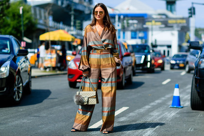 atmosphere details, beige bag, bronze, brown, brown pants, brown shirt, fashion week, frenchystyle, full length, FW, geometric, gucci, horizontal, jonathan paciullo, monogram, NEW YORK, NYFW, printed bag, printed pants, printed shirt, SPRING SUMMER 2017, SS 17, street style, striped pants, striped shirt, stripes, sunglasses, trousers, wide pants, woman, zina charkoplia