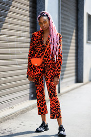 animal print, black shoes, black sneakers, blazer, braids, candace marie, dyed hair, graphic jacket, graphic pants, graphic suit, leather bag, leather shoes, leopard, pink hair, printed jacket, printed pants, printed suit, red bag, red jacket, red pants, red suit, sunglasses, trousers, fashion week, frenchystyle, FW, jonathan paciullo, street style, MFW, MILAN, SPRING SUMMER 2019, SS 19, vertical, full length