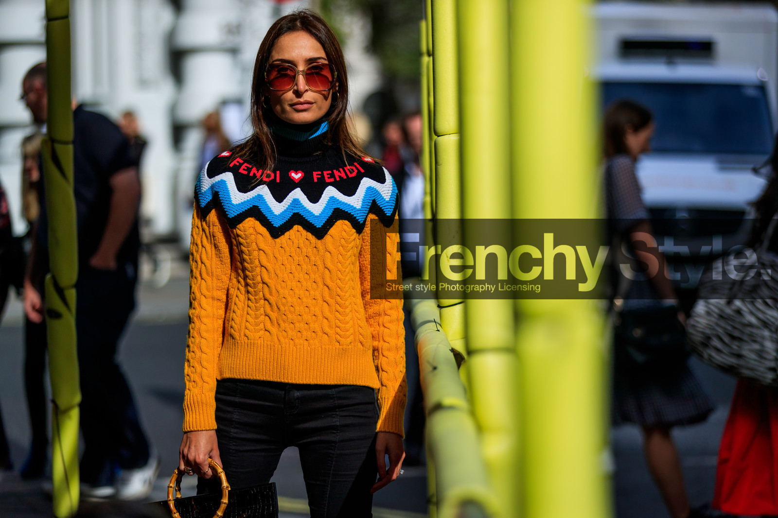black bag, black denim, denim pants, fendi, geraldine boublil, high boots, jeans, leather bag, orange sweater, sunglasses, trousers, fashion week, frenchystyle, FW, jonathan paciullo, street style, LFW, LONDON, SPRING SUMMER 2019, SS 19, atmosphere details, horizontal, detail