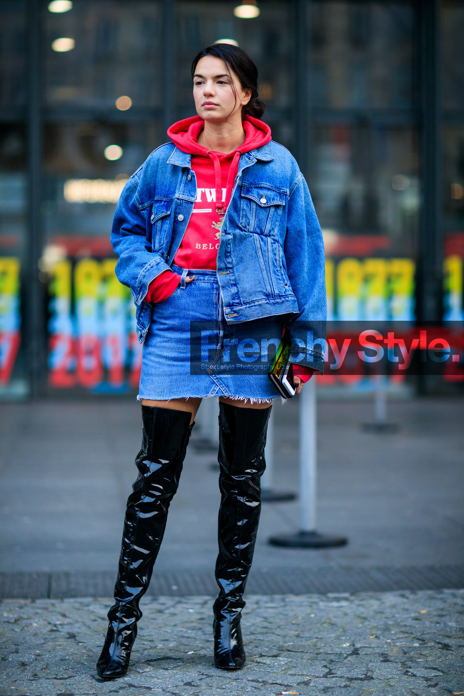 balenciaga, black boots, black shoes, blue denim, denim jacket, denim skirt, high boots, hoodie, red sweater, high heels, fashion week, frenchystyle, FW, jonathan paciullo, street style, PFW, PARIS, SPRING SUMMER 2017, SS 17, HAUTE COUTURE, vertical, full length
