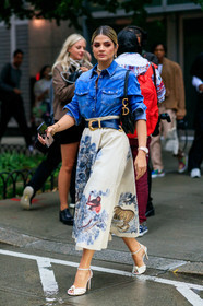 black bag, blue belt, blue denim, christian dior, denim shirt, embroideries, floral, flowers, graphic skirt, high heels, high waist, leather bag, leather belt, leather shoes, pearls, printed skirt, saddle bag, thassia naves, white shoes, white skirt, fashion week, frenchystyle, FW, jonathan paciullo, street style, NEW YORK, NYFW, SPRING SUMMER 2020, SS 20, vertical, full length
