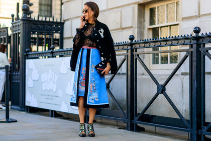black bag, black jacket, black top, blue skirt, graphic bag, graphic jacket, graphic skirt, high heels, lace top, leather bag, leather shoes, over the shoulder, printed bag, printed jacket, printed skirt, see through, shiny shoes, sunglasses, teddy jacket, fashion week, frenchystyle, FW, jonathan paciullo, street style, LFW, LONDON, SPRING SUMMER 2019, SS 19, atmosphere details, horizontal, full length